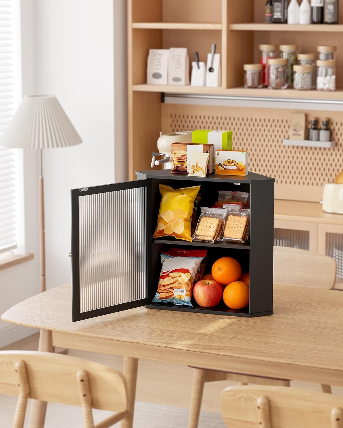 Kitsure Wooden Corner Bread Box for Kitchen Countertop, Large, Black | 2-Tier Bread Container with Magnetic Acrylic