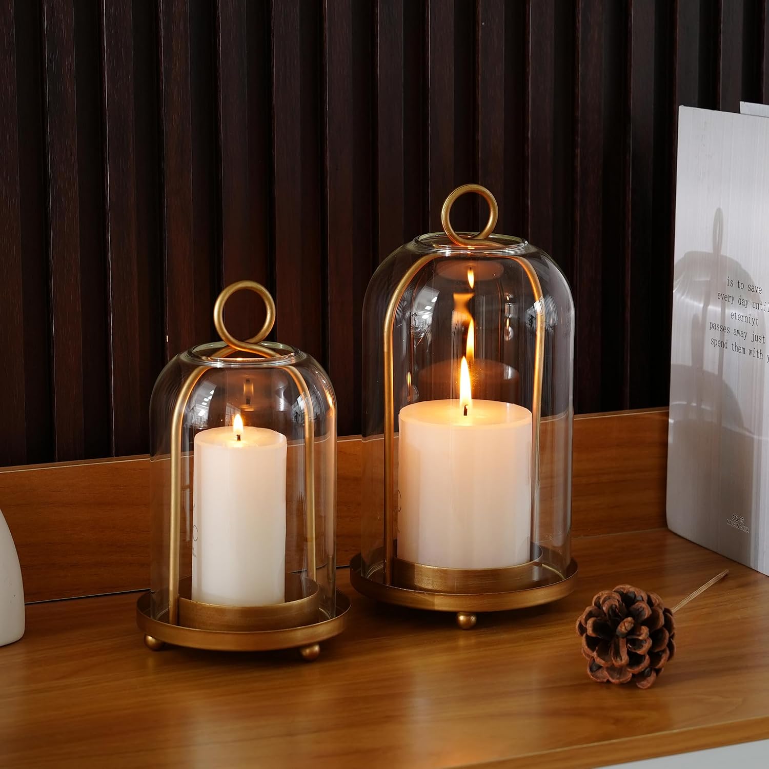 Glass Hurricane Candle Holder Decorative Golden Candle Lantern | Pillar Candlestick Holders Set of 2, Hanging Metal