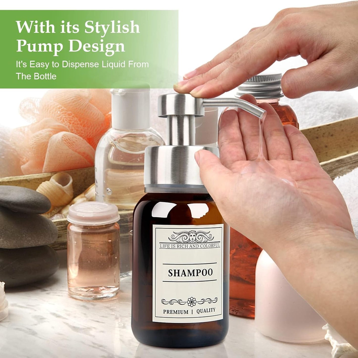 Wall Mount Soap & Shampoo Dispenser, 8.5oz Silver Pump Bottle | silver & brown design with leakproof pump and