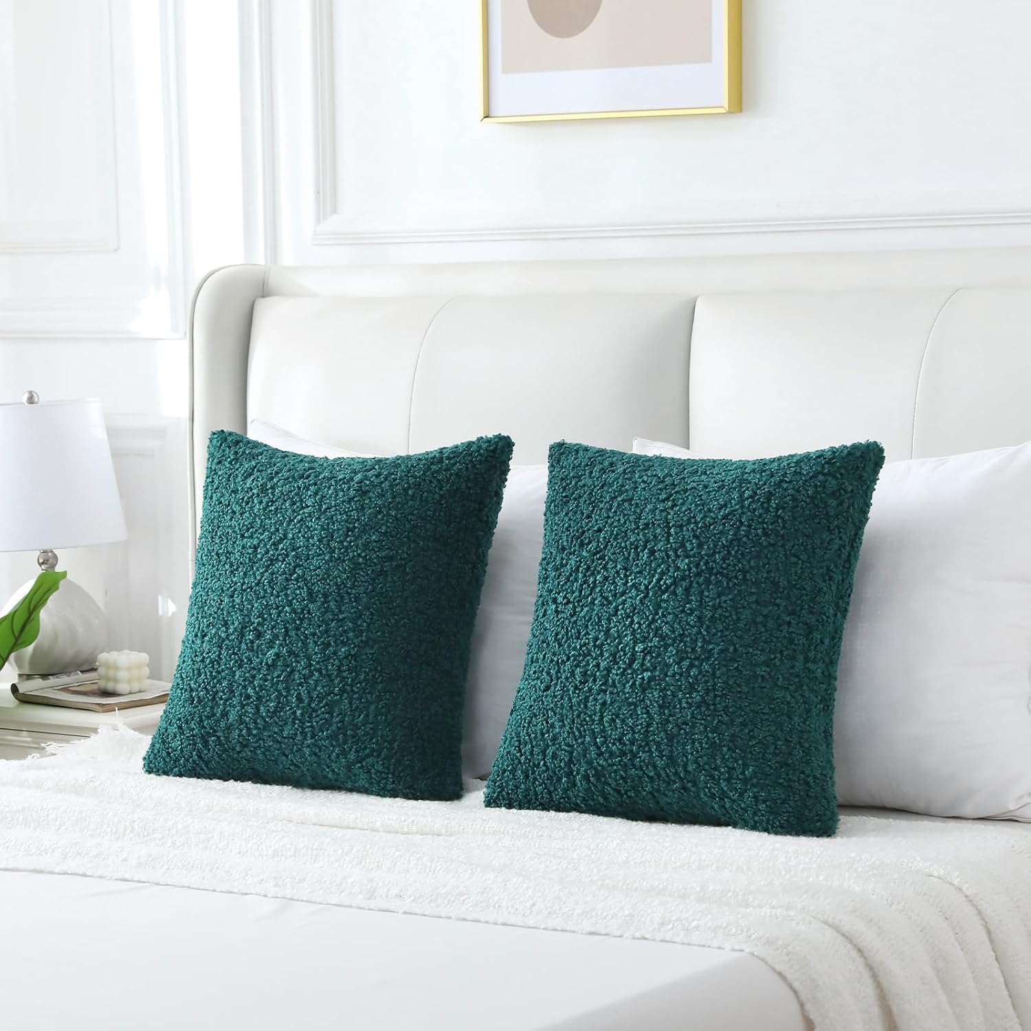 Furry Faux Fur Teddy Boucle Textured Cushion Covers / Dark Green / 18 x 18 / Set of 2