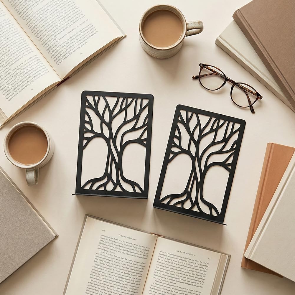 Sturdy Metal Bookends / Abstract Tree / Black / Set of 2