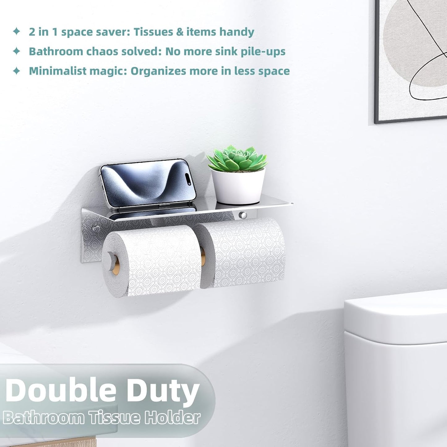 APLusee Polished Chrome Double Toilet Paper Holder with Shelf, Wall Mounted | 304 Stainless Steel, Rustproof for