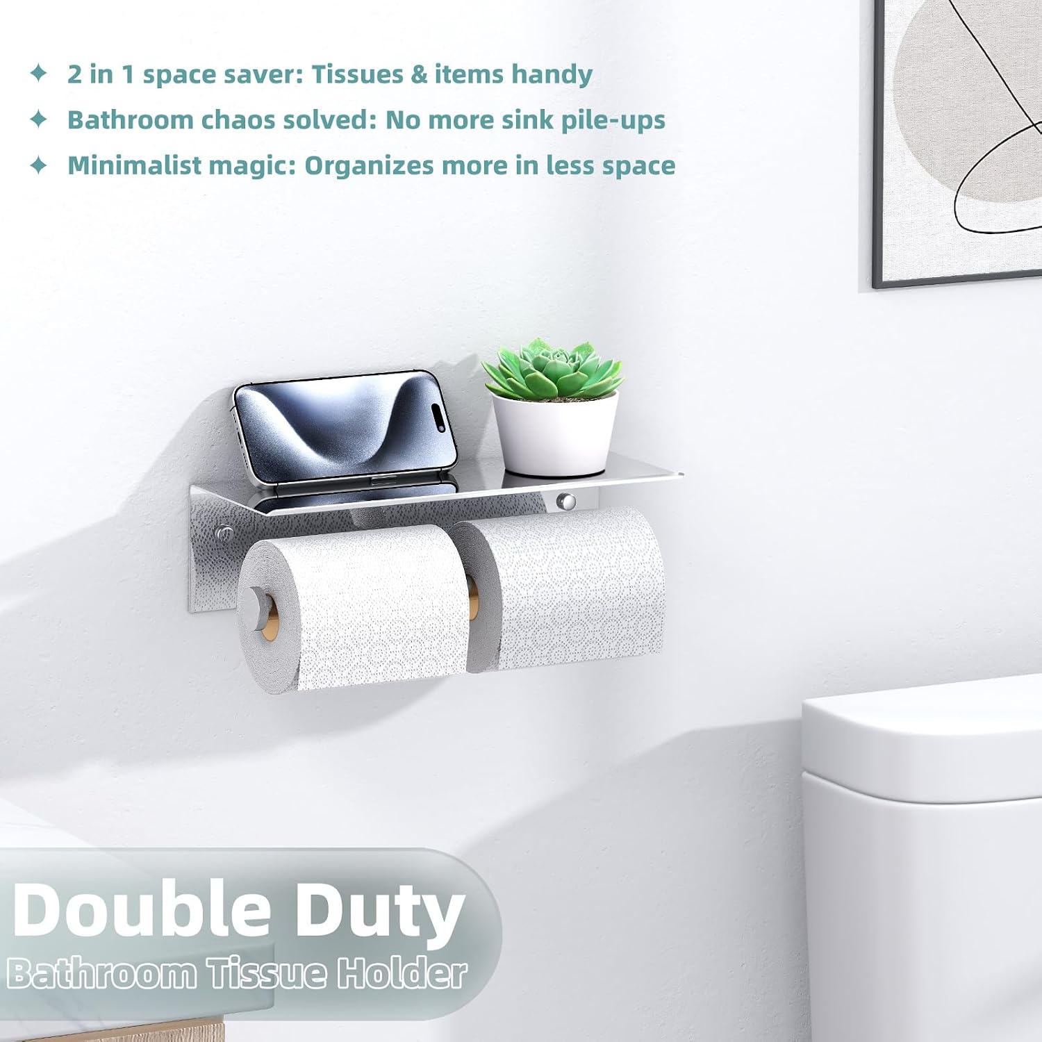 APLusee Polished Chrome Double Toilet Paper Holder with Shelf, Wall Mounted | 304 Stainless Steel, Rustproof for