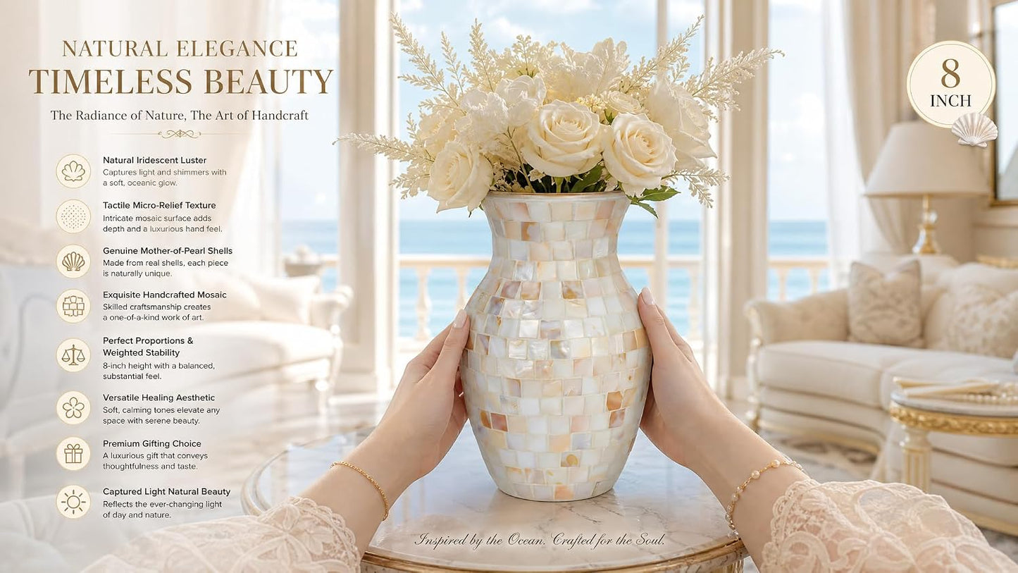 Handmade Pearlescent Glass Flower Vase / Natural Shell Iridescent White