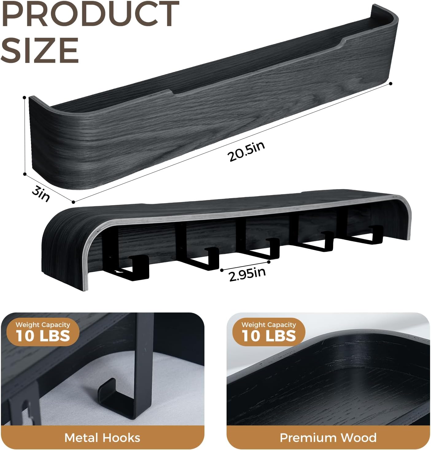 Shelf Entryway Shelf Modern Key Holder Hanger Wall Shelves / Black / 5 Hooks
