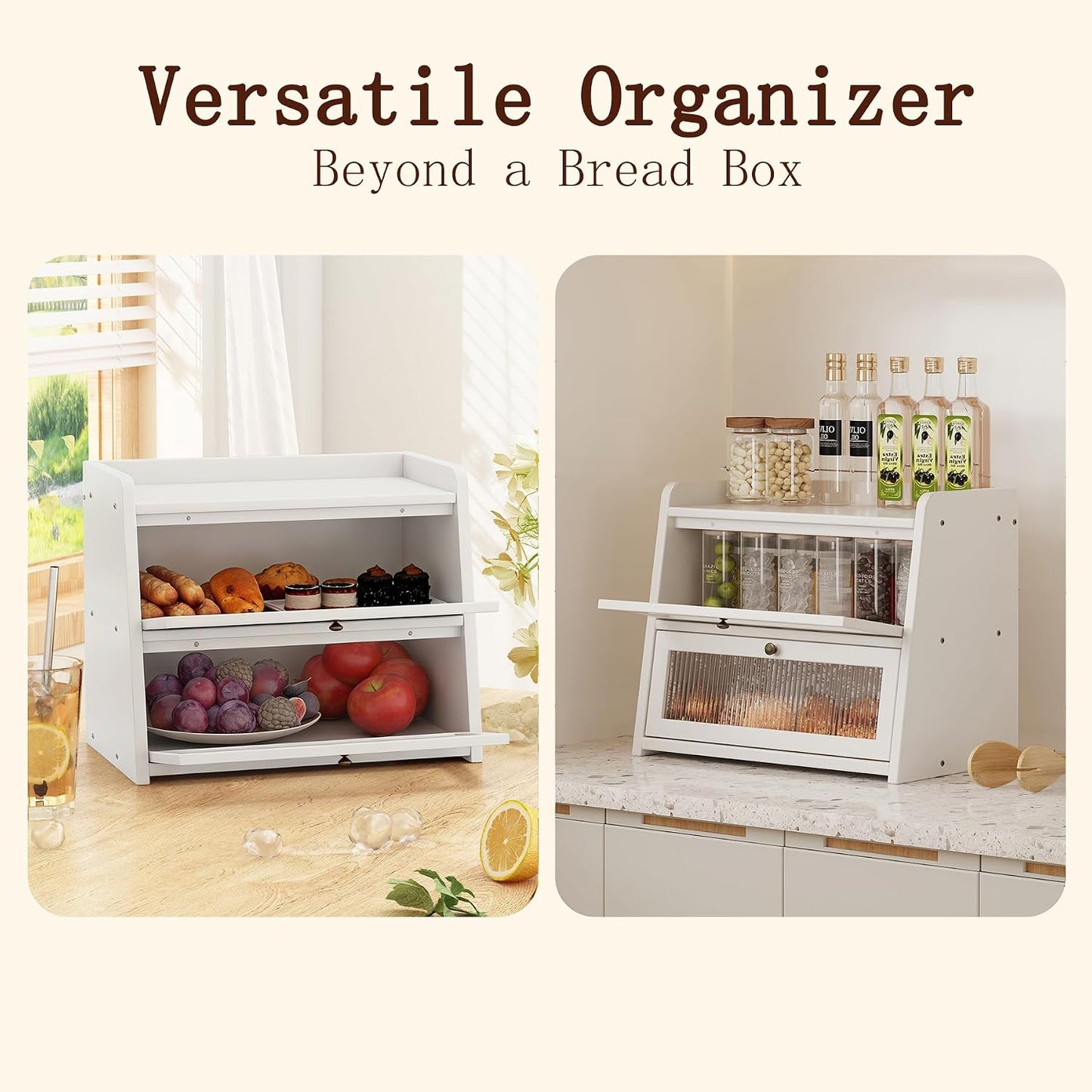 Double Layer Large Bamboo Bread Box for Kitchen Counter, Wooden Large Capacity Bread Storage Bin with Window Bread