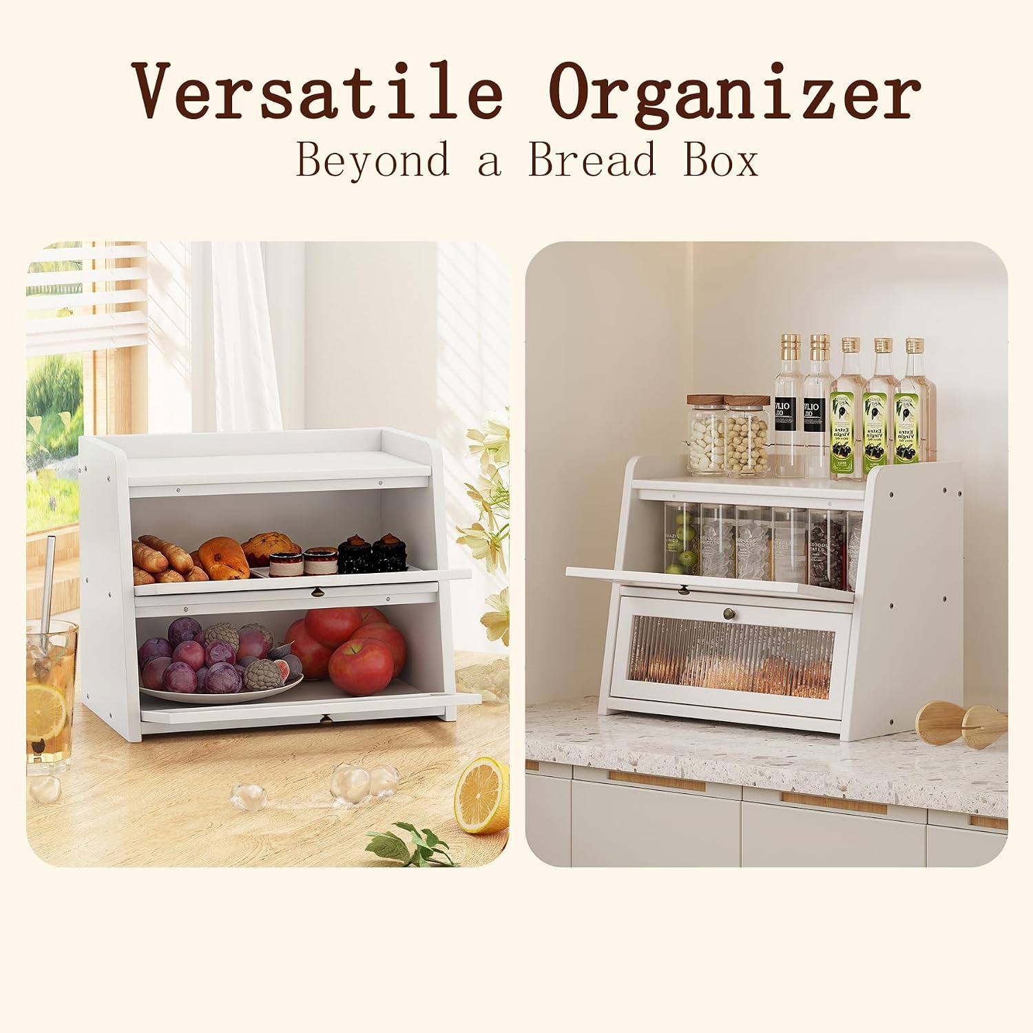 Double Layer Large Bamboo Bread Box for Kitchen Counter, Wooden Large Capacity Bread Storage Bin with Window Bread
