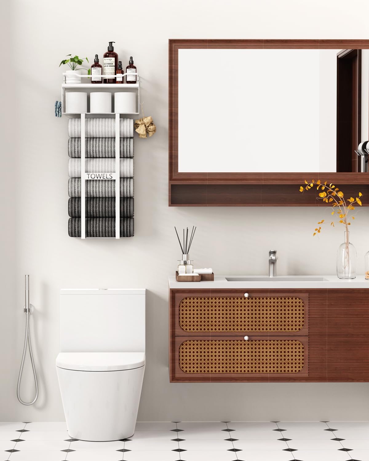 Aetyord Towel Racks for Bathroom 31inch Wall Mounted Towel Rack,Floating Shelf with Wood Plank,Towel Storage for