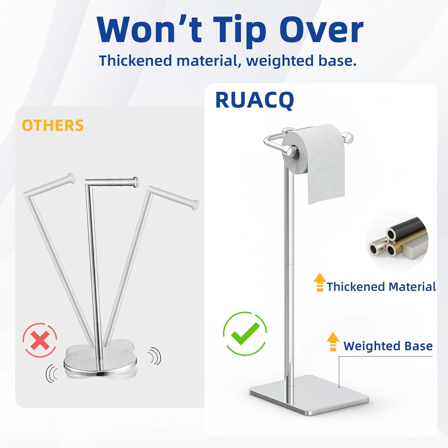 RUACQ Bathroom Toilet Paper Holder Stand, Chrome | Dual-Post Pivoting Free Standing Toilet Roll Holder with Weighted