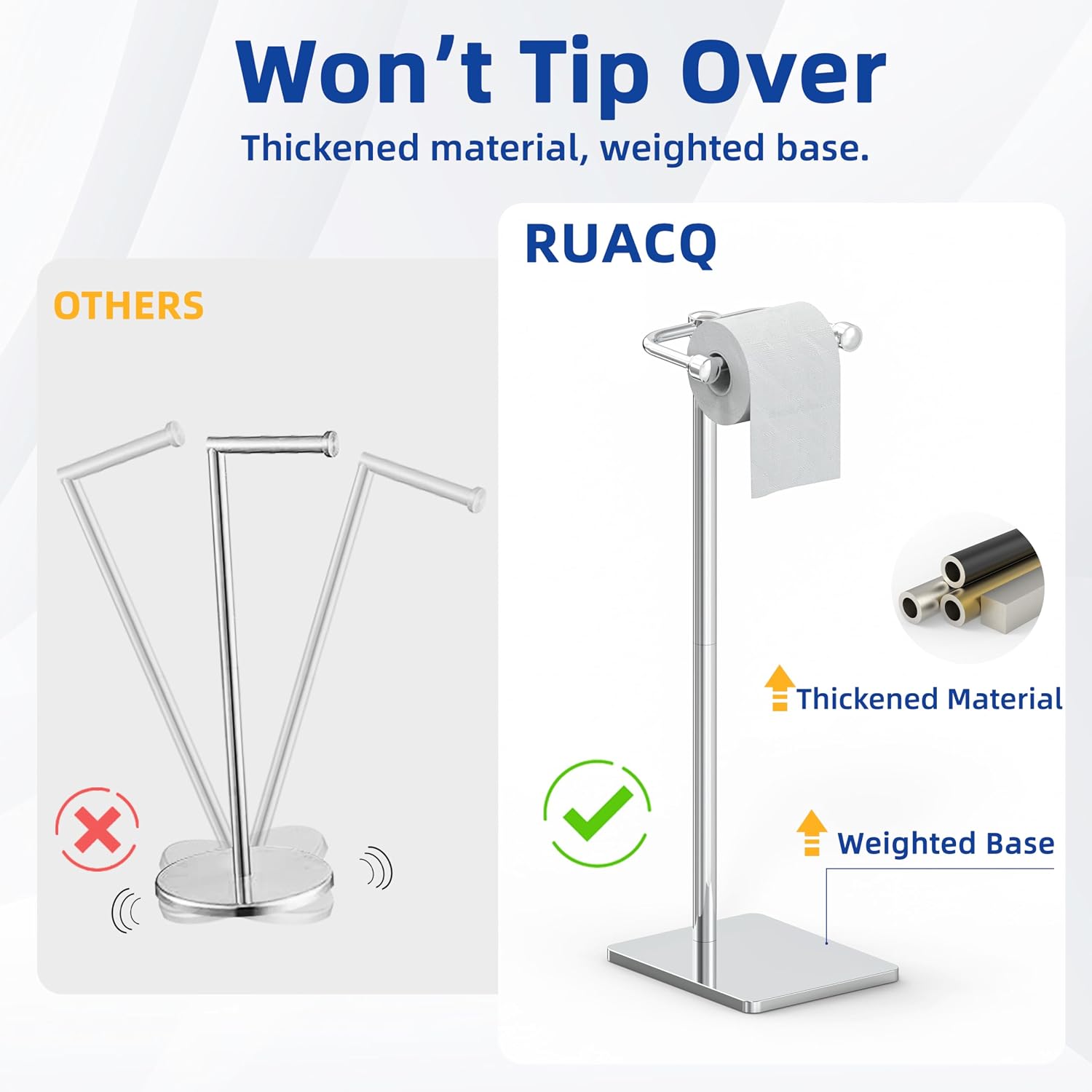 RUACQ Bathroom Toilet Paper Holder Stand, Chrome | Dual-Post Pivoting Free Standing Toilet Roll Holder with Weighted