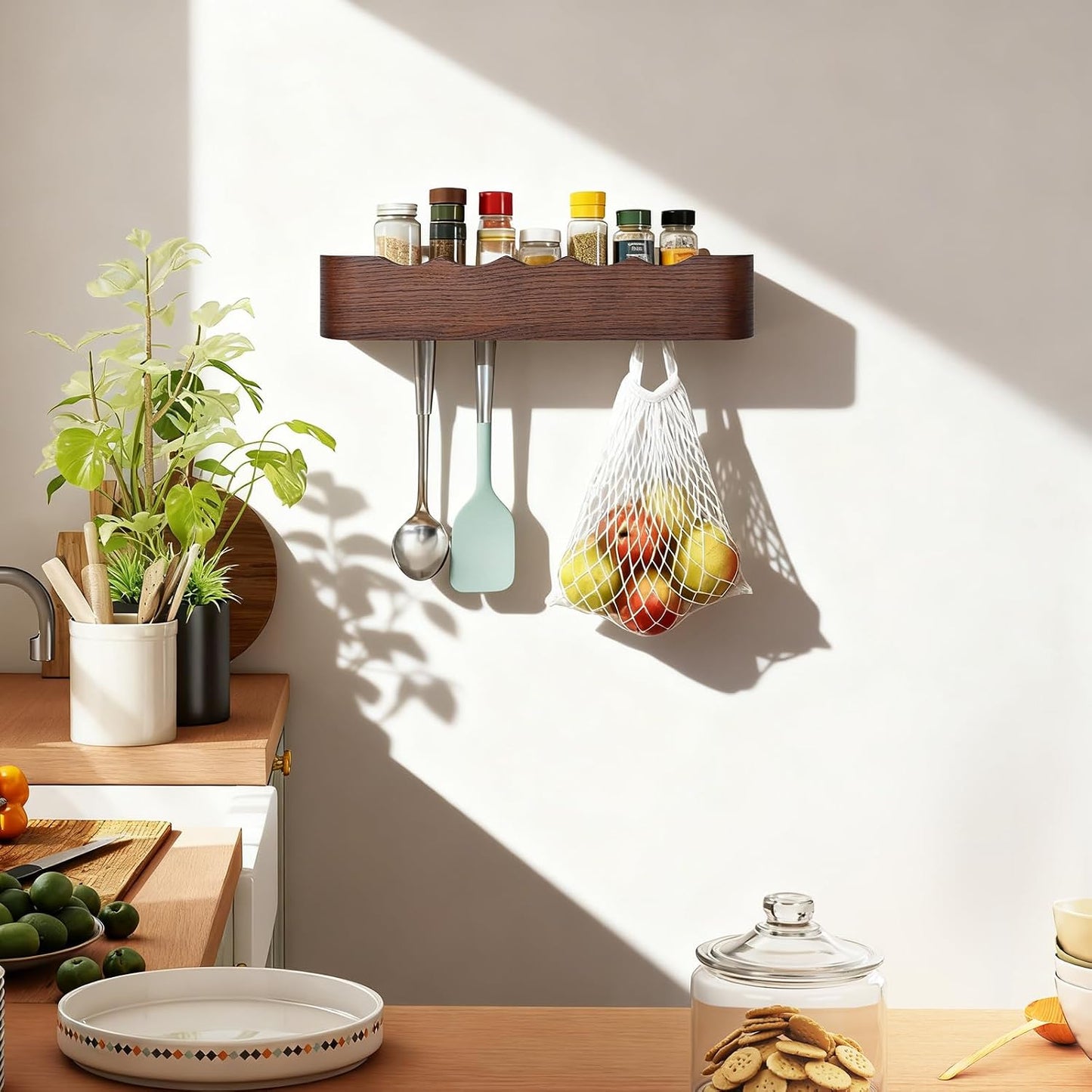 Shelf Entryway Shelf Modern Key Holder Hanger Wall Shelves / Wavy Walnut Color / 5 Hooks