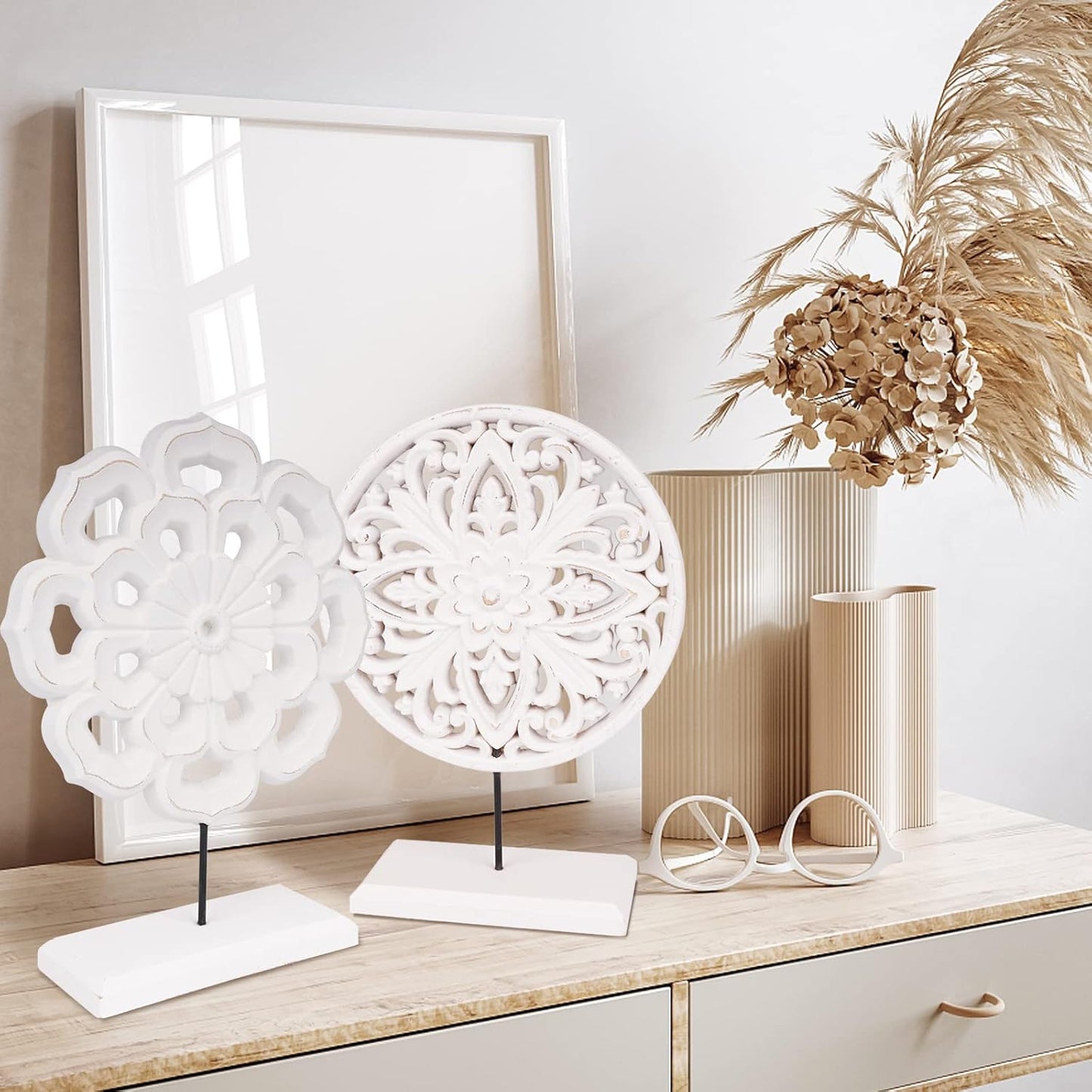 Rustic Distressed MDF Statues Home Tabletop / White / Set of 2