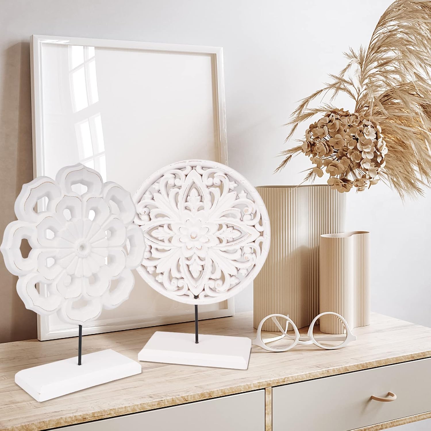 Rustic Distressed MDF Statues Home Tabletop / White / Set of 2