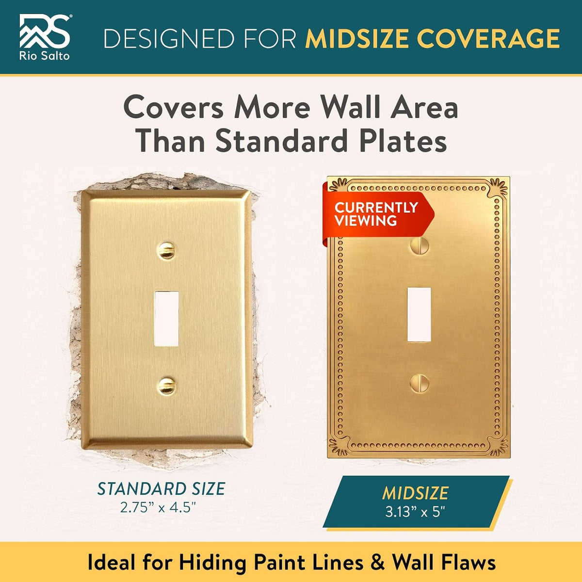 Rio Salto Toggle Single Light Switch Cover Plate Flip Switch Wall Plates Brushed Gold Metal — Pearl Collection, 4-Pack