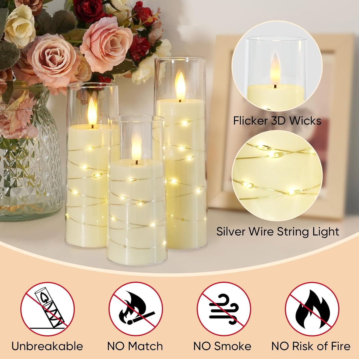 Raycare 9 Pcs Flameless Battery Operated Pillar Candles with Remote Timer | Acrylic LED Candle with Embedded String