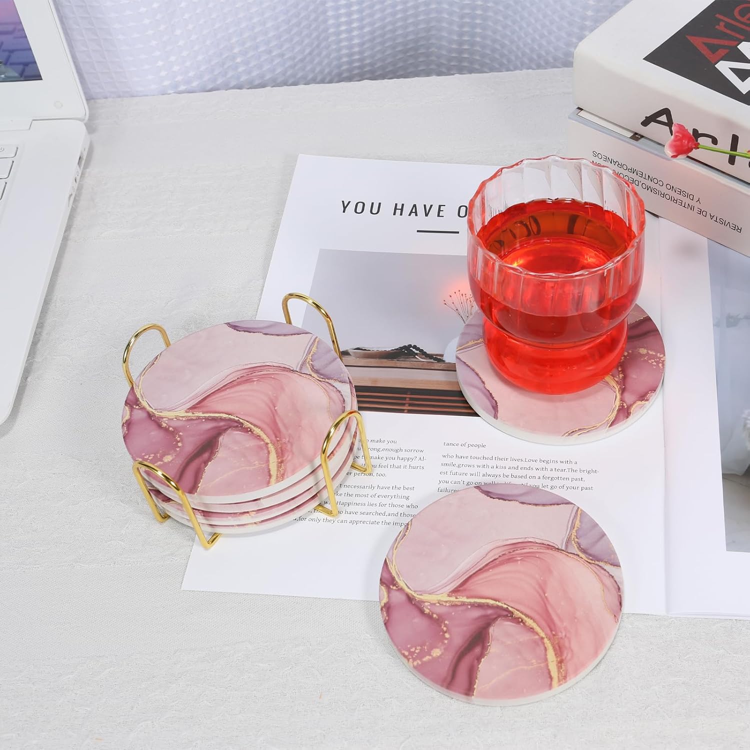 Gold Holder and Cork Base Round Decorative Tabletop / Pink / Set of 6