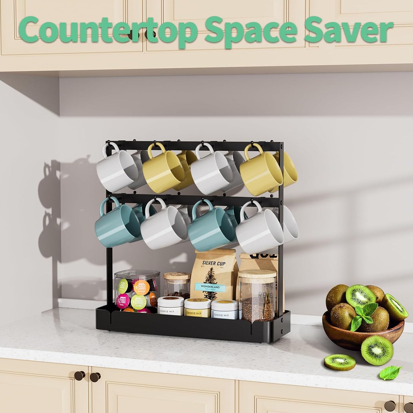 Coffee Mug Holder, 2 Tier Metal Mug Rack with 16 Movable Hooks | Extra Cup Holder for Countertop, Organize Coffee Mugs