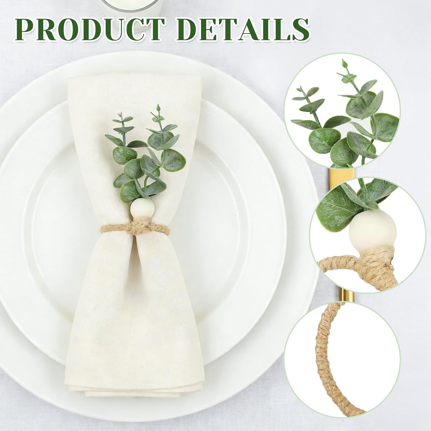 JarThenaAMCS 60 Pcs Eucalyptus Leaf Napkin Rings Boho Green Leaves Wood Bead Farmhouse Napkin Holders Greenery Napkins