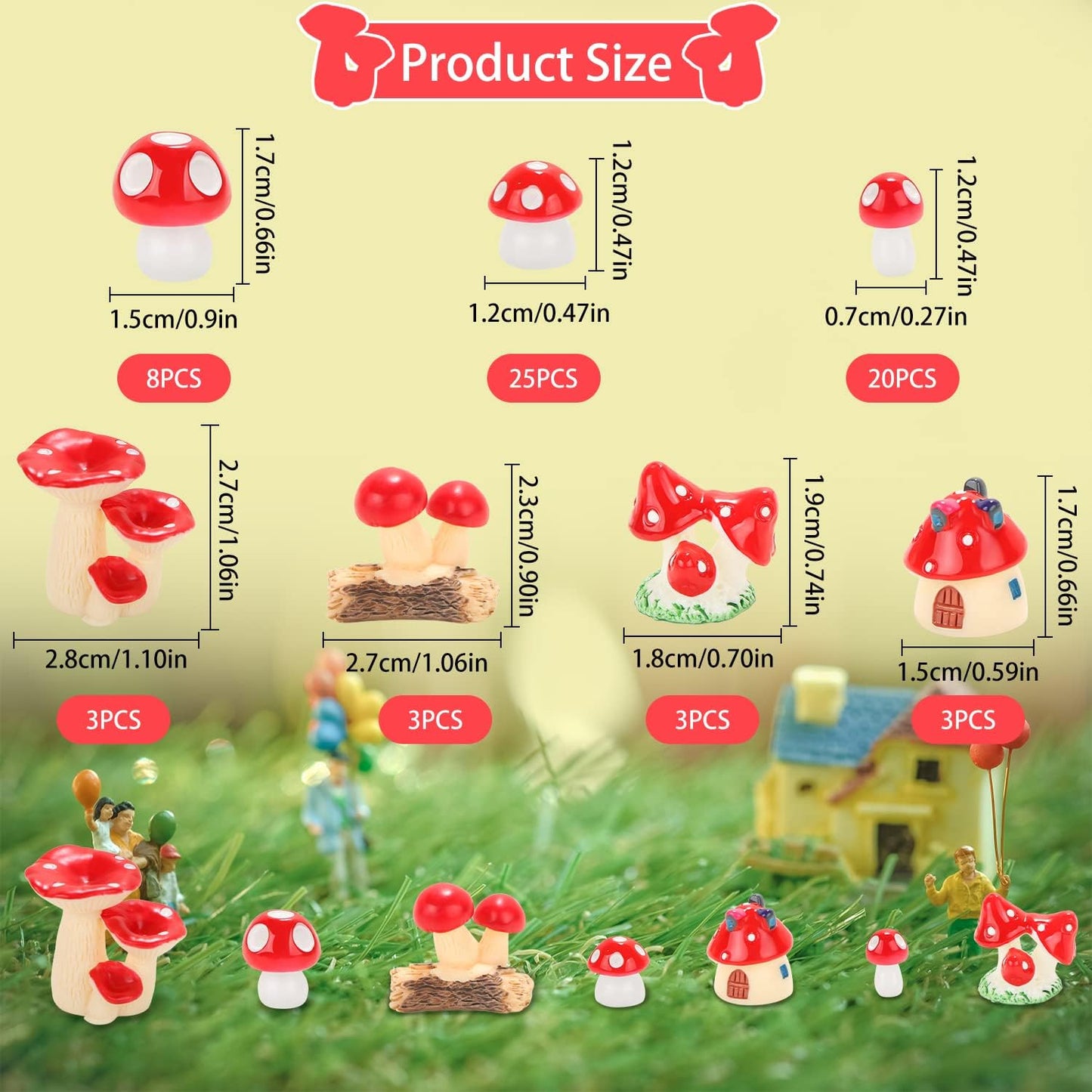 Mini Mushrooms Figurines Tiny Resin Mushroom Decor for Fairy Graden Craft Fake / Red / Set of 65