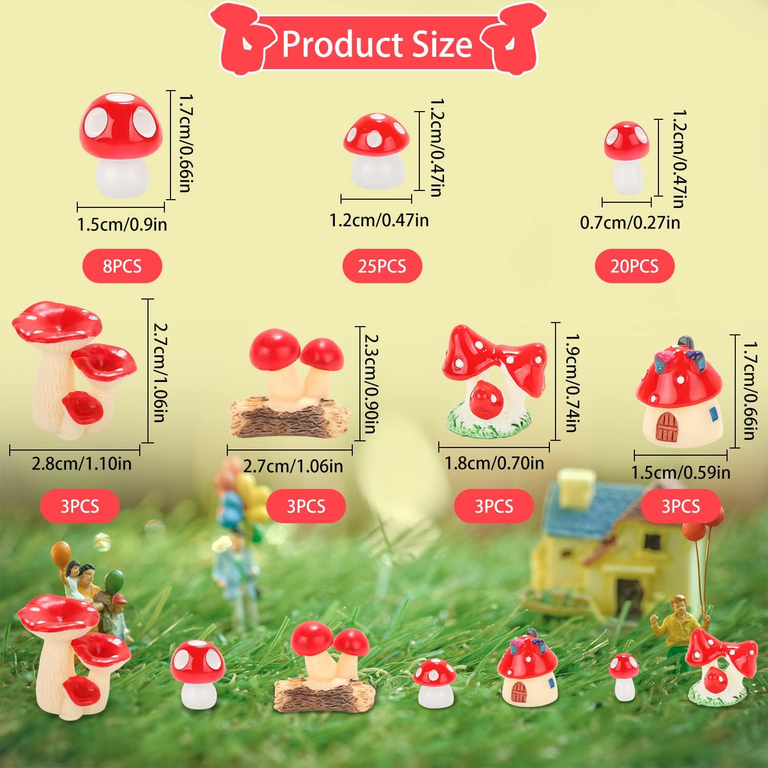 Mini Mushrooms Figurines Tiny Resin Mushroom Decor for Fairy Graden Craft Fake / Red / Set of 65
