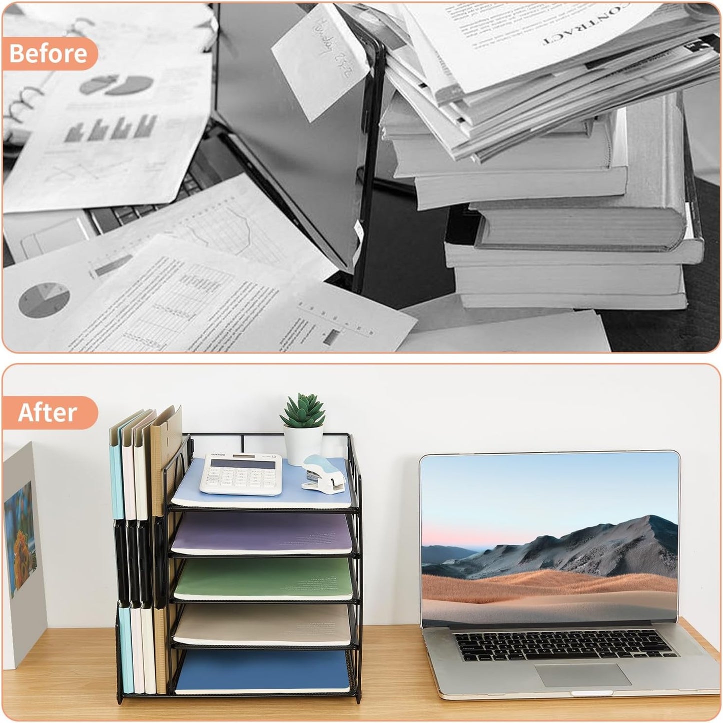 LEKETREE Desk Organizers and Accessories, 5-Tier Paper Letter Tray Organizer with File Holder, Desktop Organizer for