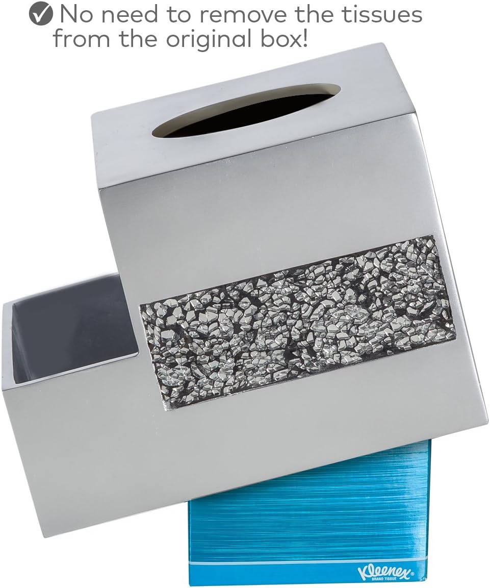 Crackled Glass Tissue Box Cover Square Silver Decorative Multi-function Storage Organizer Caddy; Tissue Box Holder &