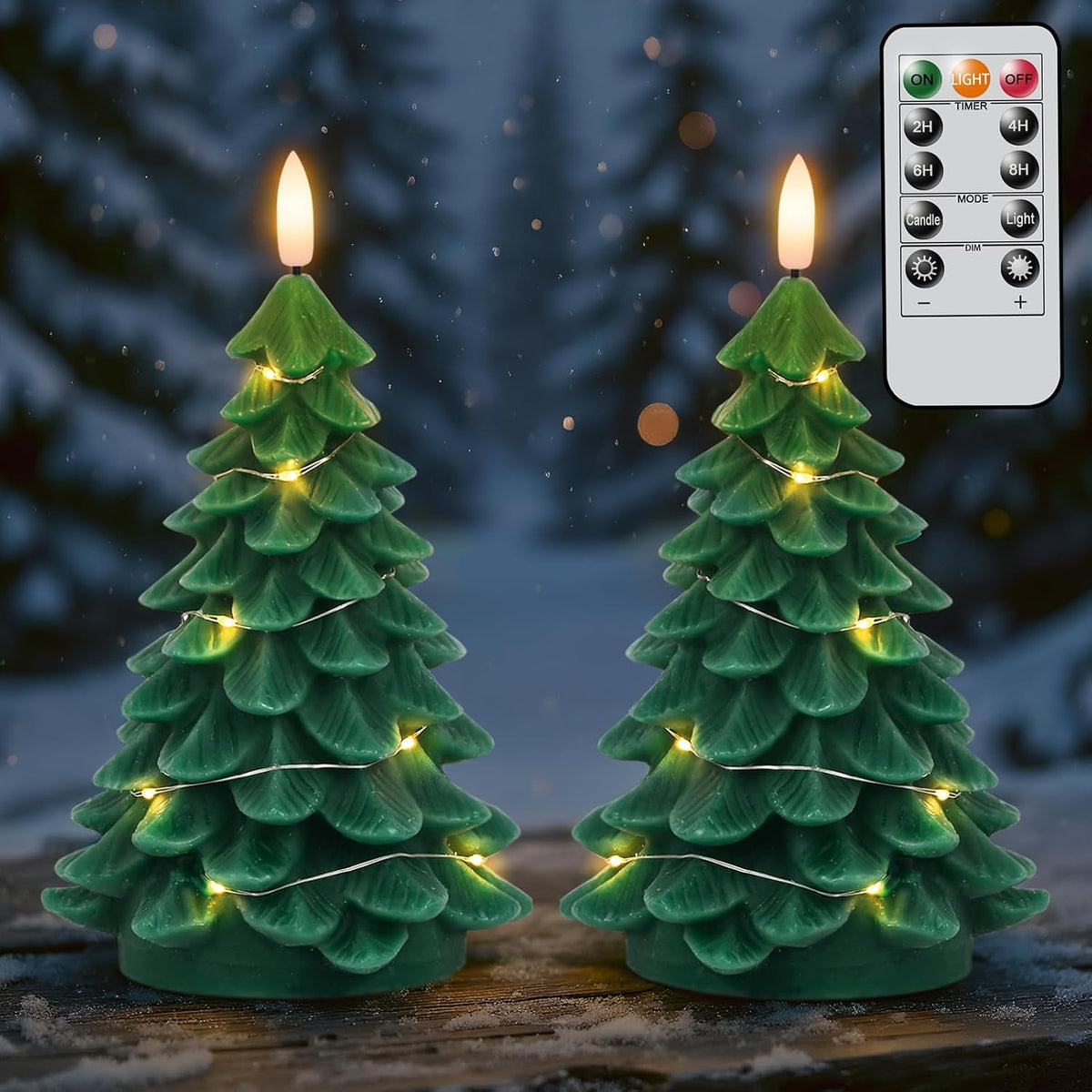 Christmas Tree Candles with String Light & Remote Timer Green