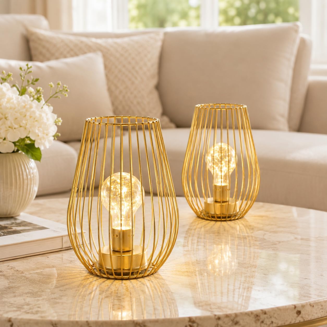 TRIROCKS Metal Cordless Table Lamp - 8'' Tall Set of 2 Cage Shape Battery Operated Lamp with Fairy Lights Bulb for