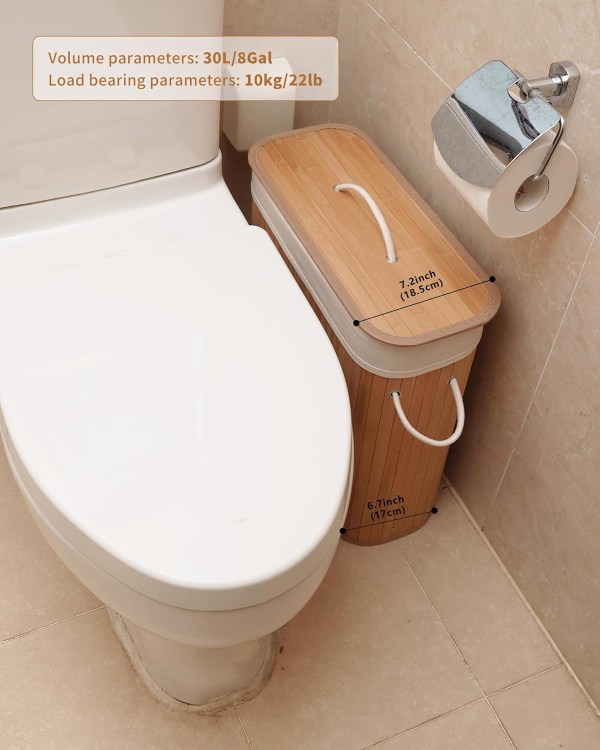 Bamboo Toilet Paper Storage with Lid & Handel, 8 Gallons (30L), Sturdy Toilet Paper Basket, Organizer for Bathroom