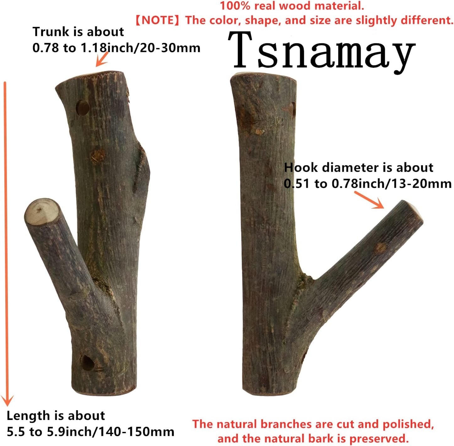 Real Wood Tree Branch Wall Hook / 2cm-3cm / with Bark / Set of 2