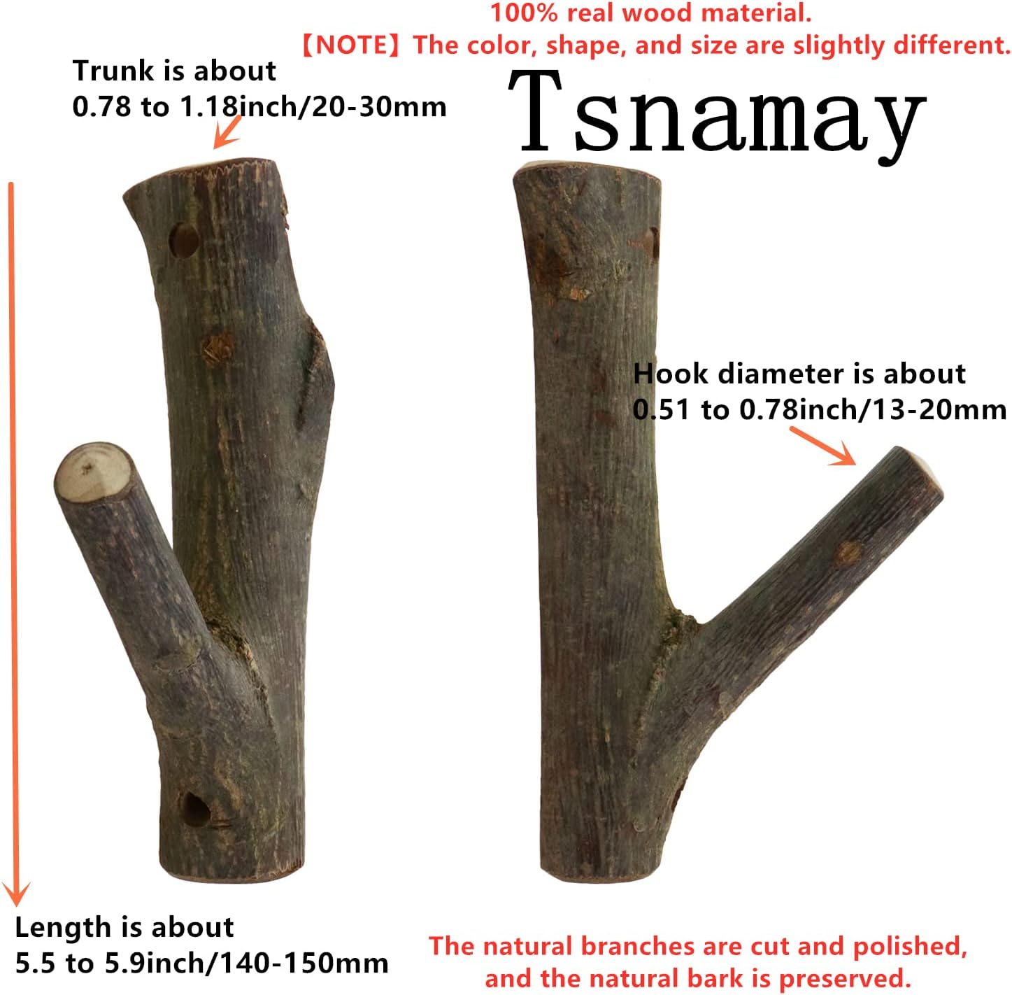 Real Wood Tree Branch Wall Hook / 2cm-3cm / with Bark / Set of 2