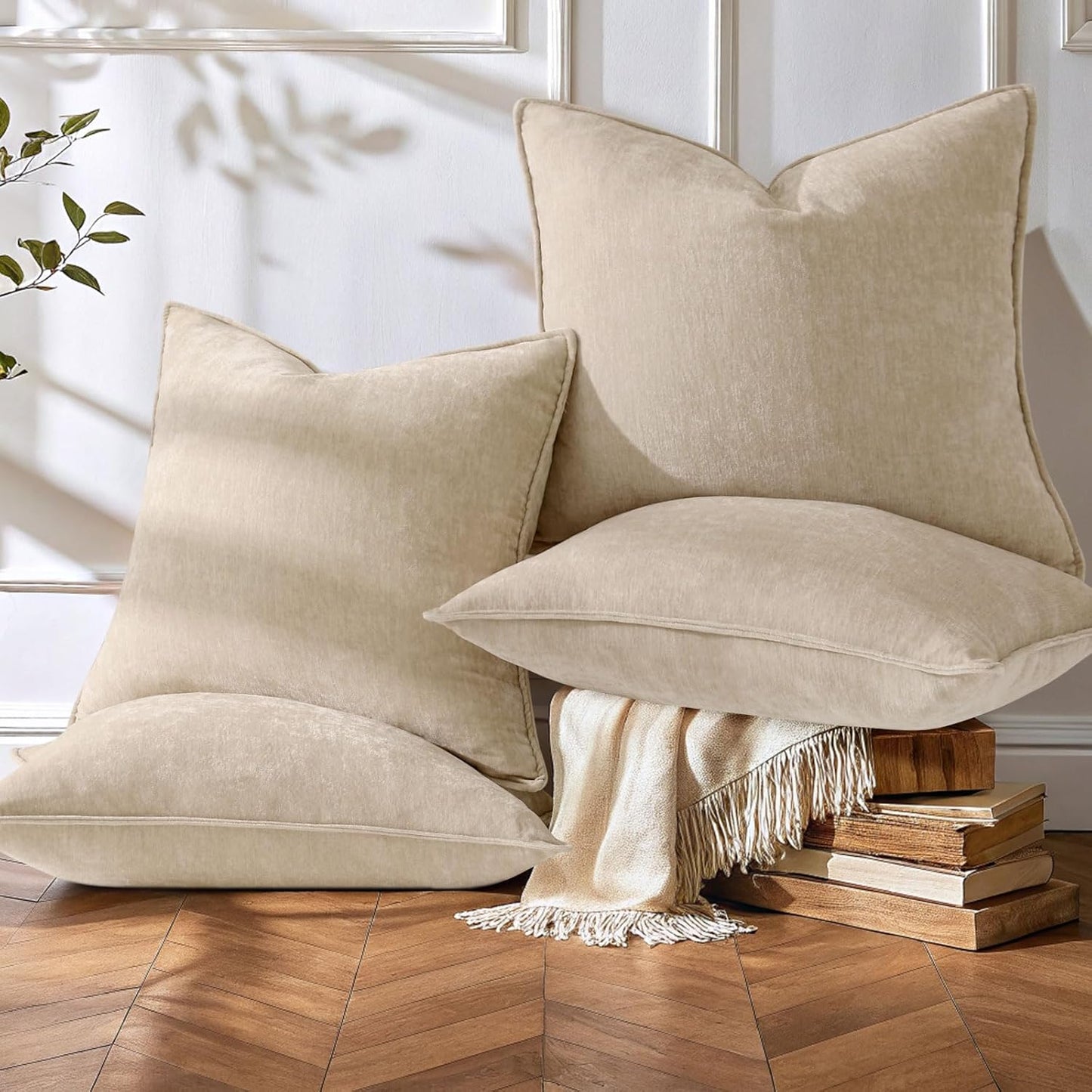Decorative Soft Neutral Chenille Pillow Covers / Natural Beige / 18 x 18 / Set of 4