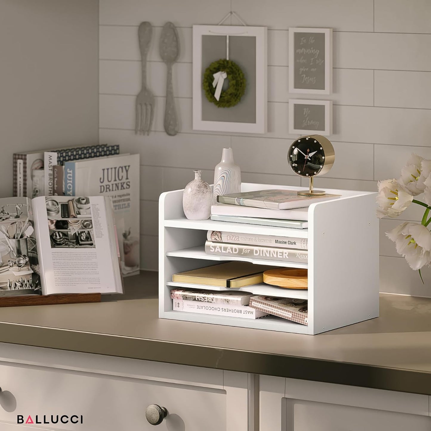 Ballucci File Organizer, 4-Tier Office Desk Organizer, Open Top Wood Paper Organizer for Classroom, Desktop Mail Sorter