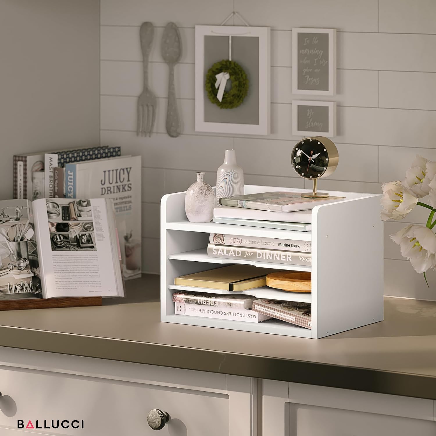 Ballucci File Organizer, 4-Tier Office Desk Organizer, Open Top Wood Paper Organizer for Classroom, Desktop Mail Sorter