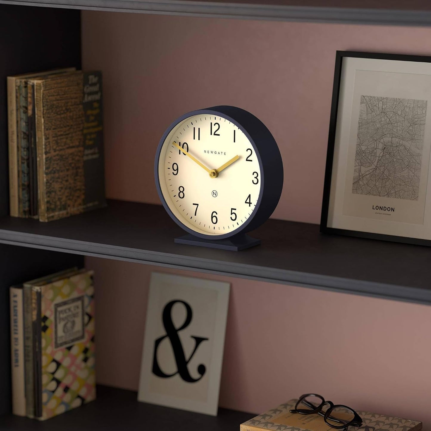 NEWGATE® Q Mantel Clock | Modern Classic Round Mantel Clock | Navy Blue | Contemporary Style for Mantel, Desk, Table