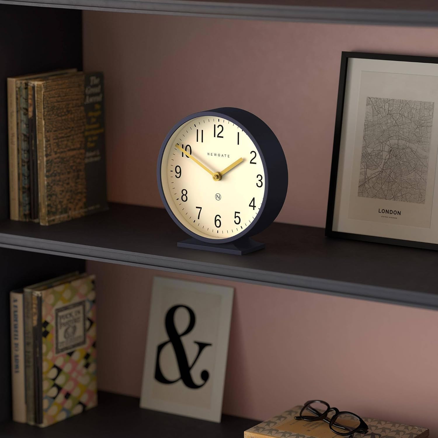 NEWGATE® Q Mantel Clock | Modern Classic Round Mantel Clock | Navy Blue | Contemporary Style for Mantel, Desk, Table