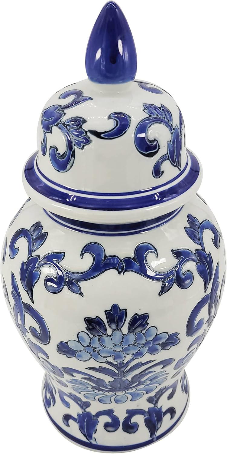 14" Blue and White Flower & Petals Ceramic Porcelain Ginger Jar / Blue and White Ceramic Jar H14
