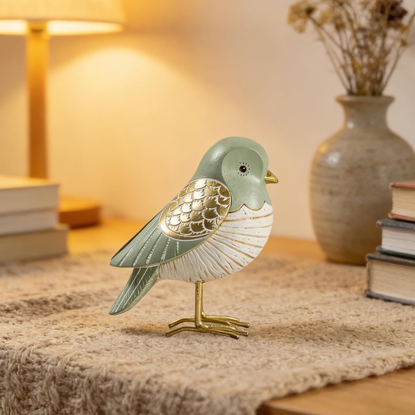 Elegant & Gold Bird Resin Statue / Green