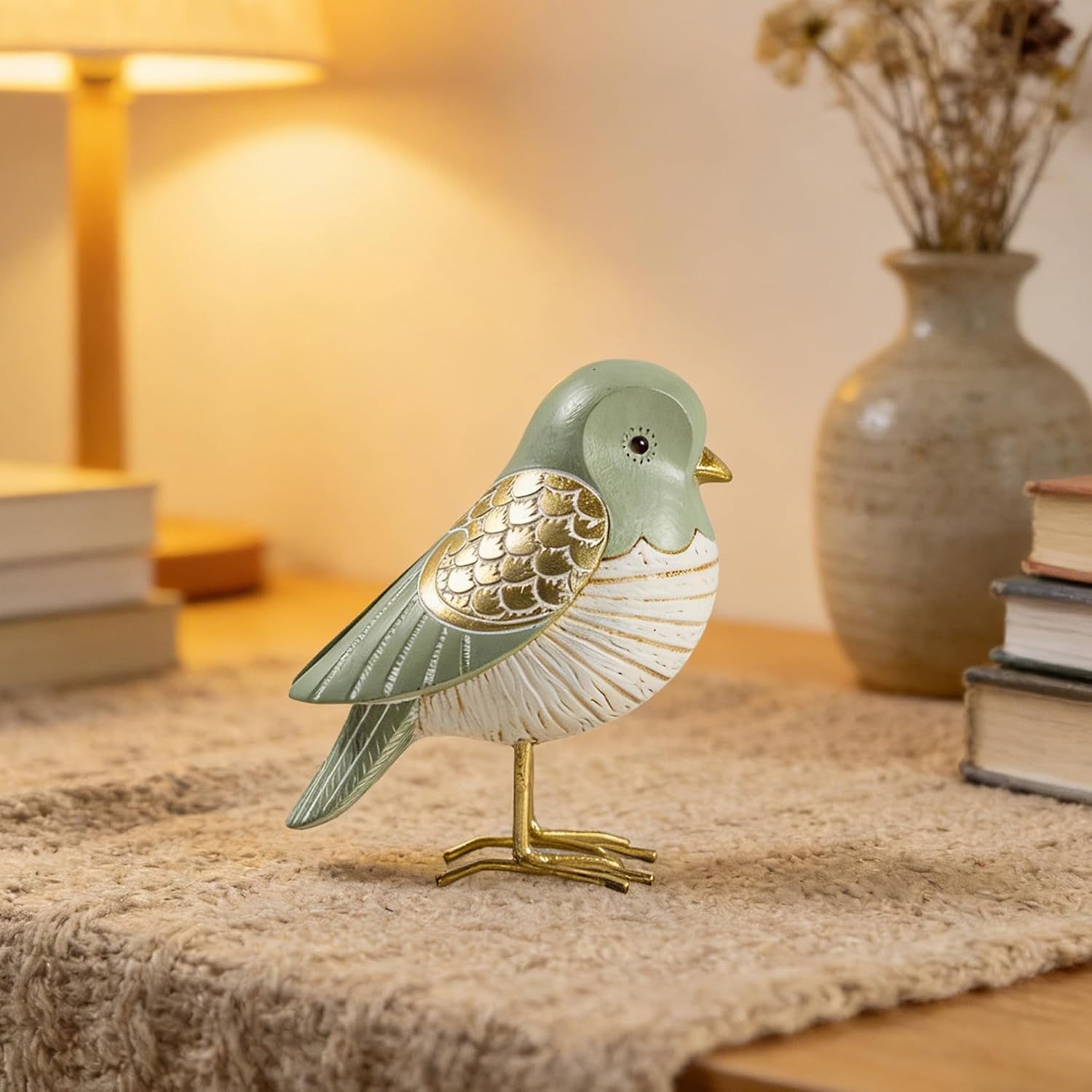 Elegant & Gold Bird Resin Statue / Green