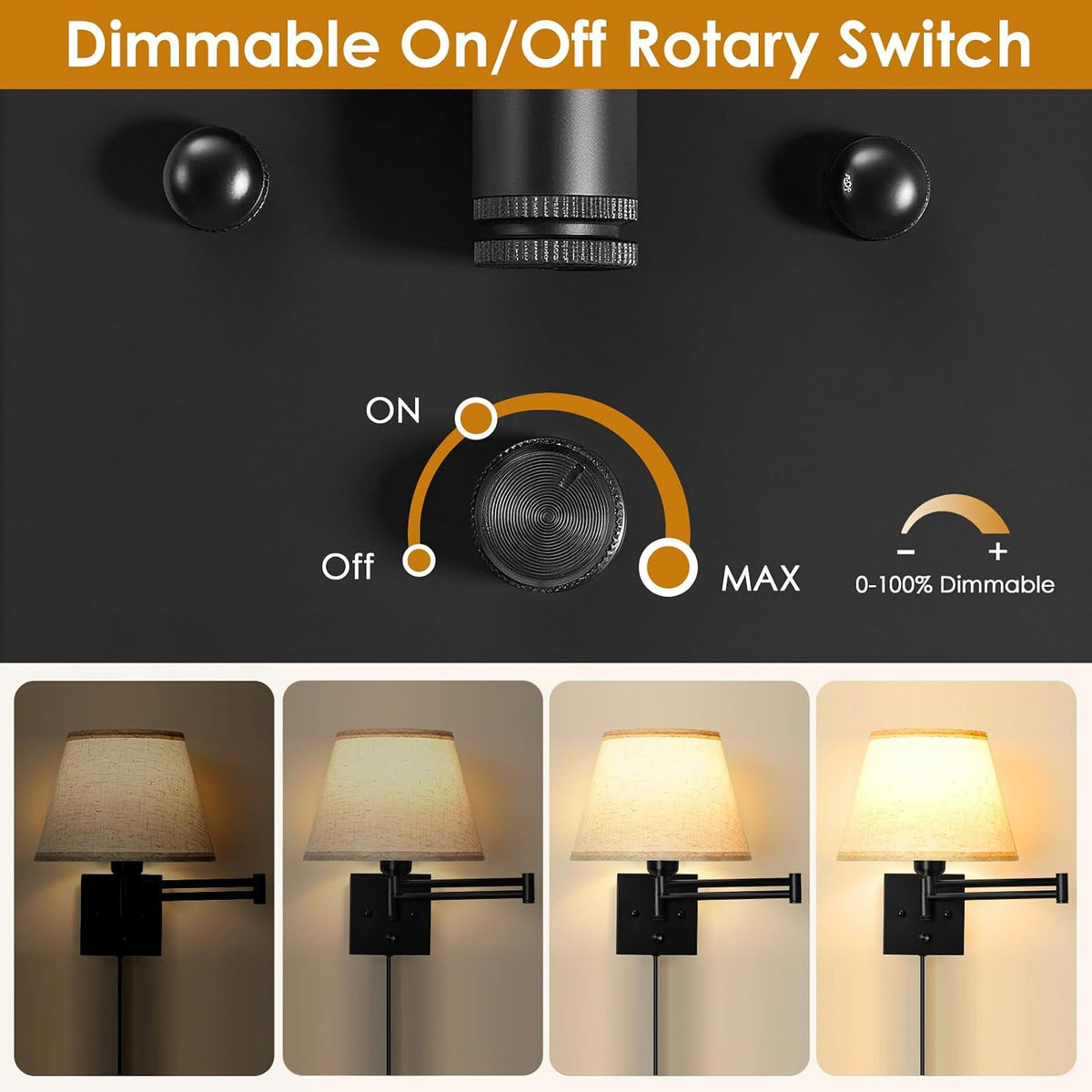 Wall Sconces Set of 2, Dimmable Wall Sconce, Plug in Wall Lights, E26 Based | Wall Lamp with Fabric Shade & Adjustable