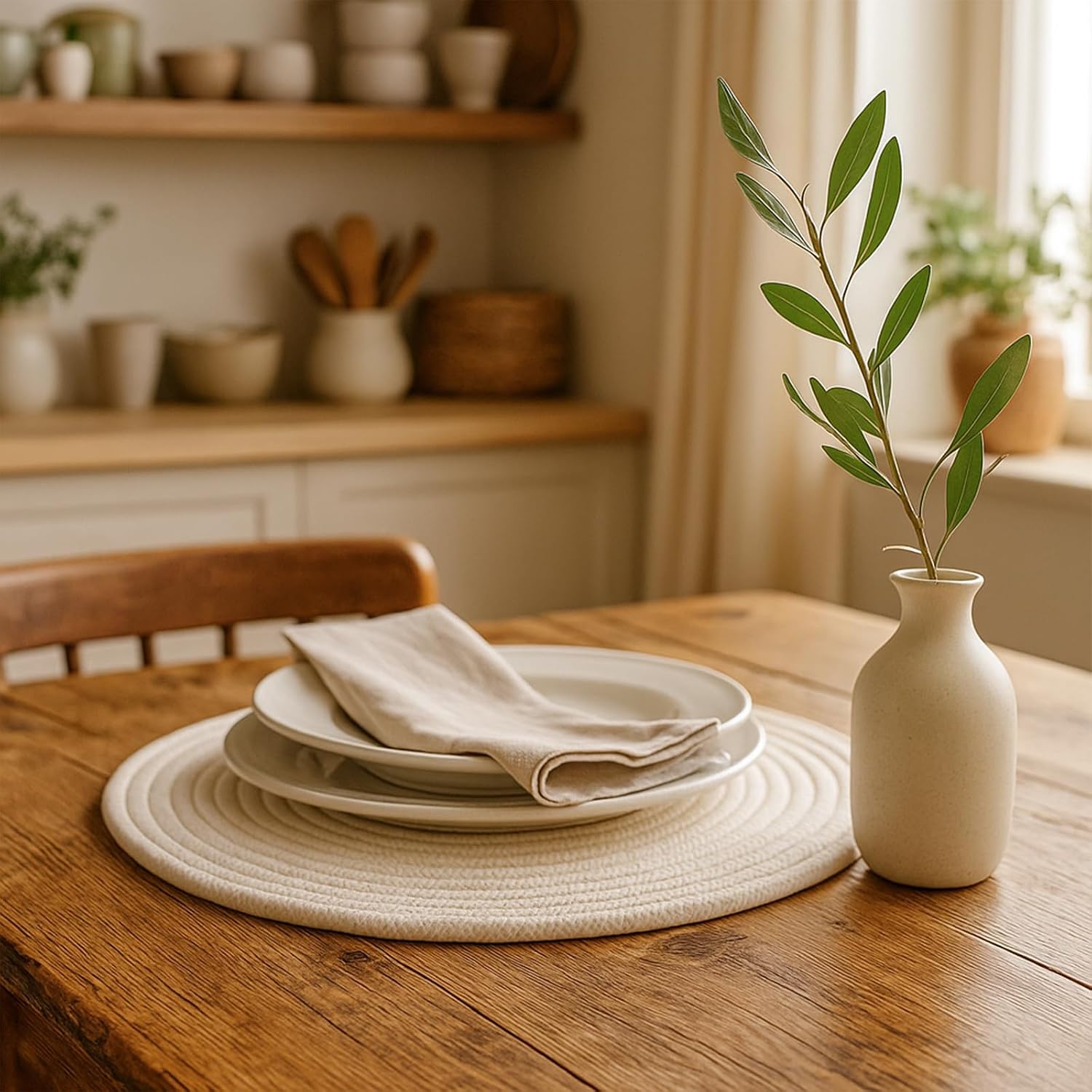 Round Woven Placemats Set of 8 Heat Resistant Placemats 13.5 Inches Farmhouse Cotton Rope Place Mats for Dining Tables