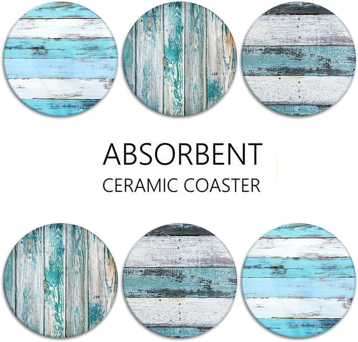 Wooden Board Blue Table Absorbent Round Ceramic Stone Mat / Wood 2 / Brown / Set of 6