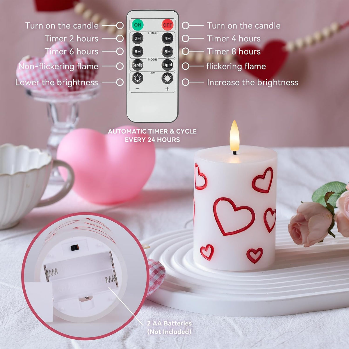 Valentines Day Heart Candles, Flameless Pillar Candles with Remote