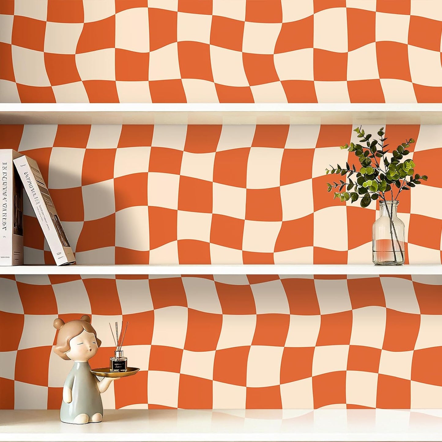 Wallpaper Peel and Stick Burnt Beige Pink Checkered Contact / 17.5 x 80 / Retro Checkered / Orange