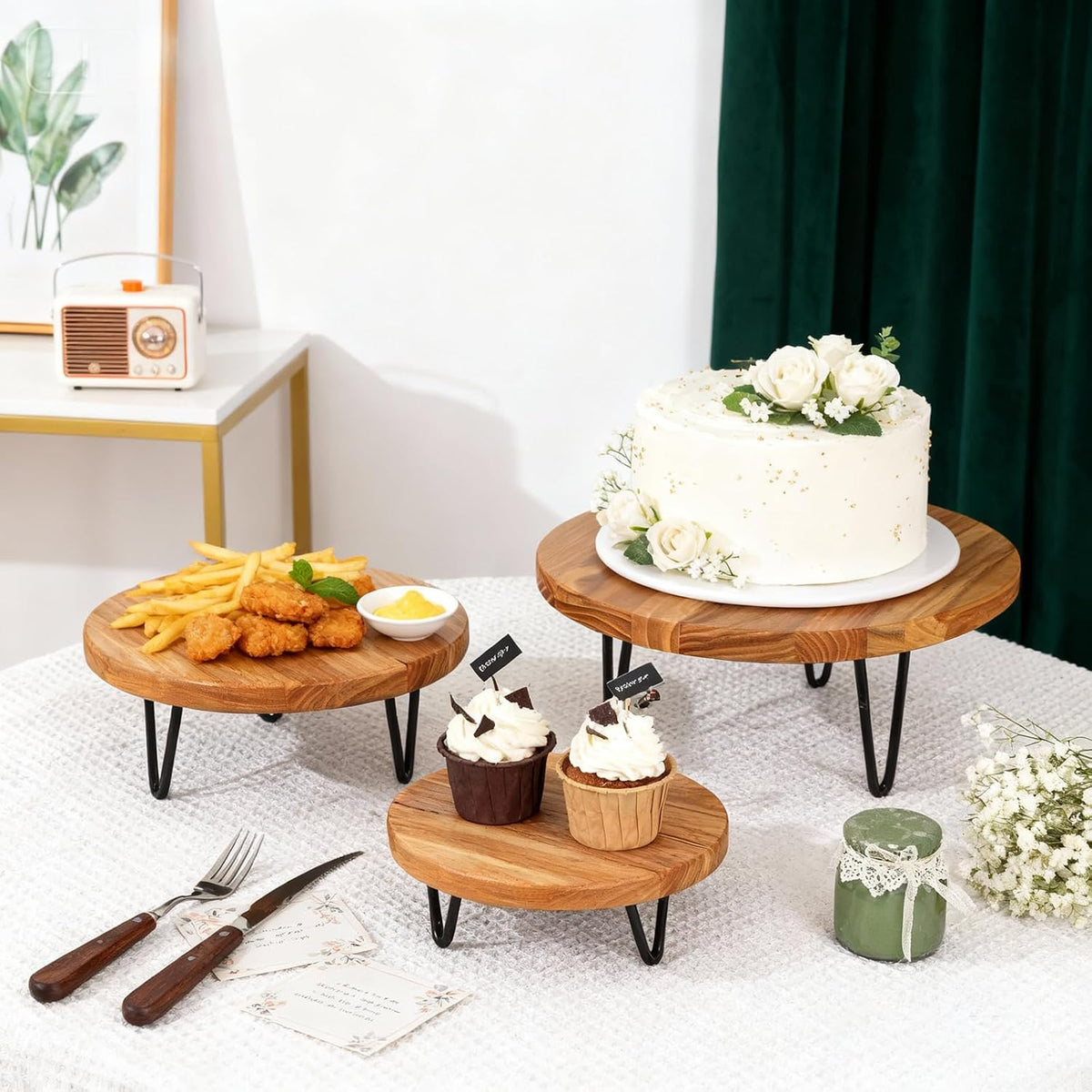 3 Pcs Buffet Risers, Wood Round Food Riser Dessert Table Display Stand Set for Party Wood Cupcake Stands Nesting Table