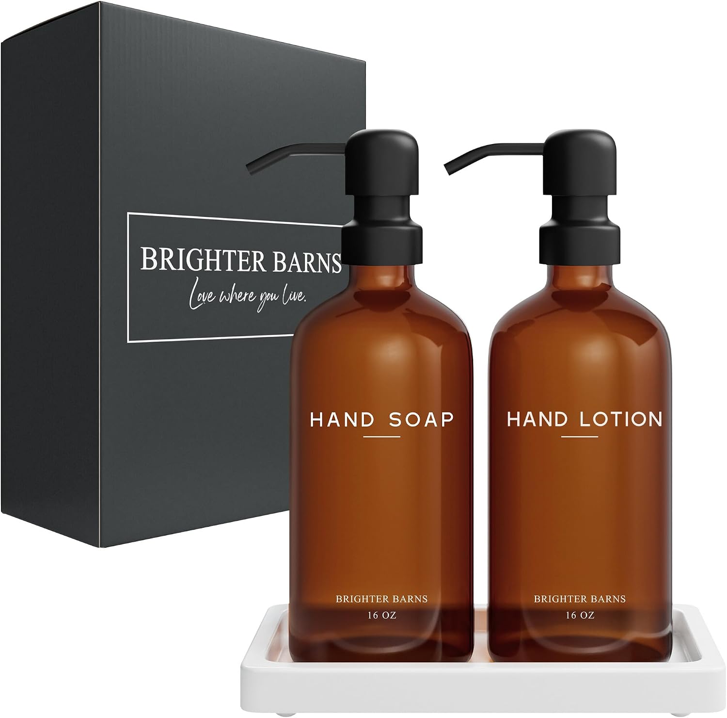 Amber Glass Soap and Lotion Dispenser Set with Tray by Brighter Barns - Hand Soap Dispenser Bathroom Set & Stainless
