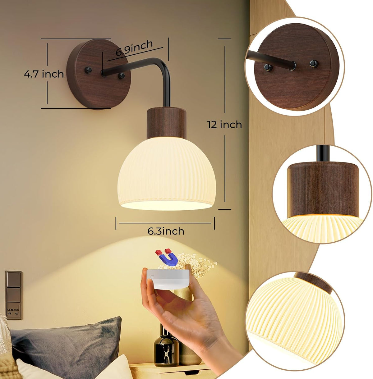 Glass Battery Operated Wall Sconces Set of 2, Rechargeable Wall Lamp with Remote, 12 Colors Dimmable Wireless Sconces