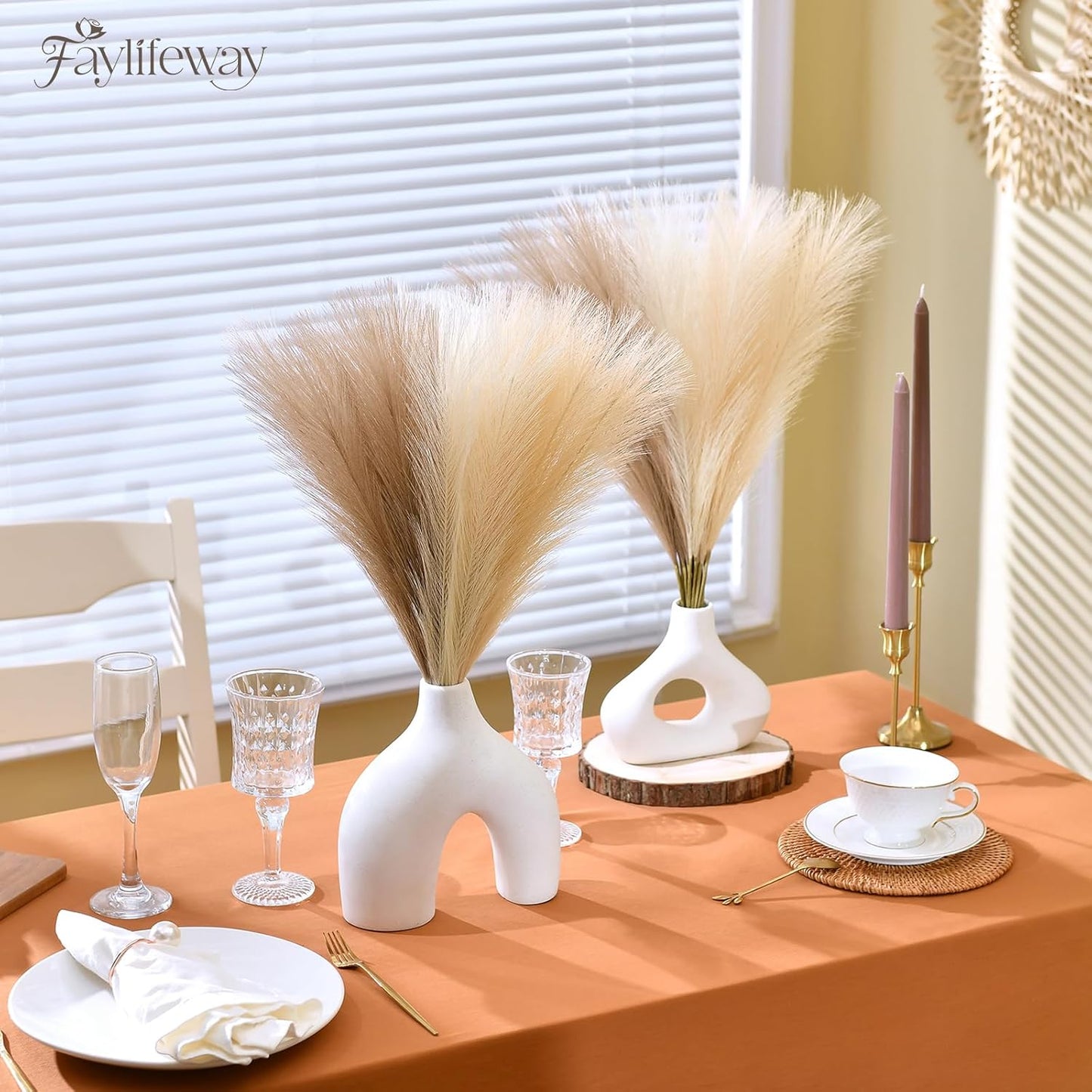 Artificial Pampas Fake Flowers Fluffy Vase Filler / Sand Beige Light Brown / 17 Inch / Set of 50