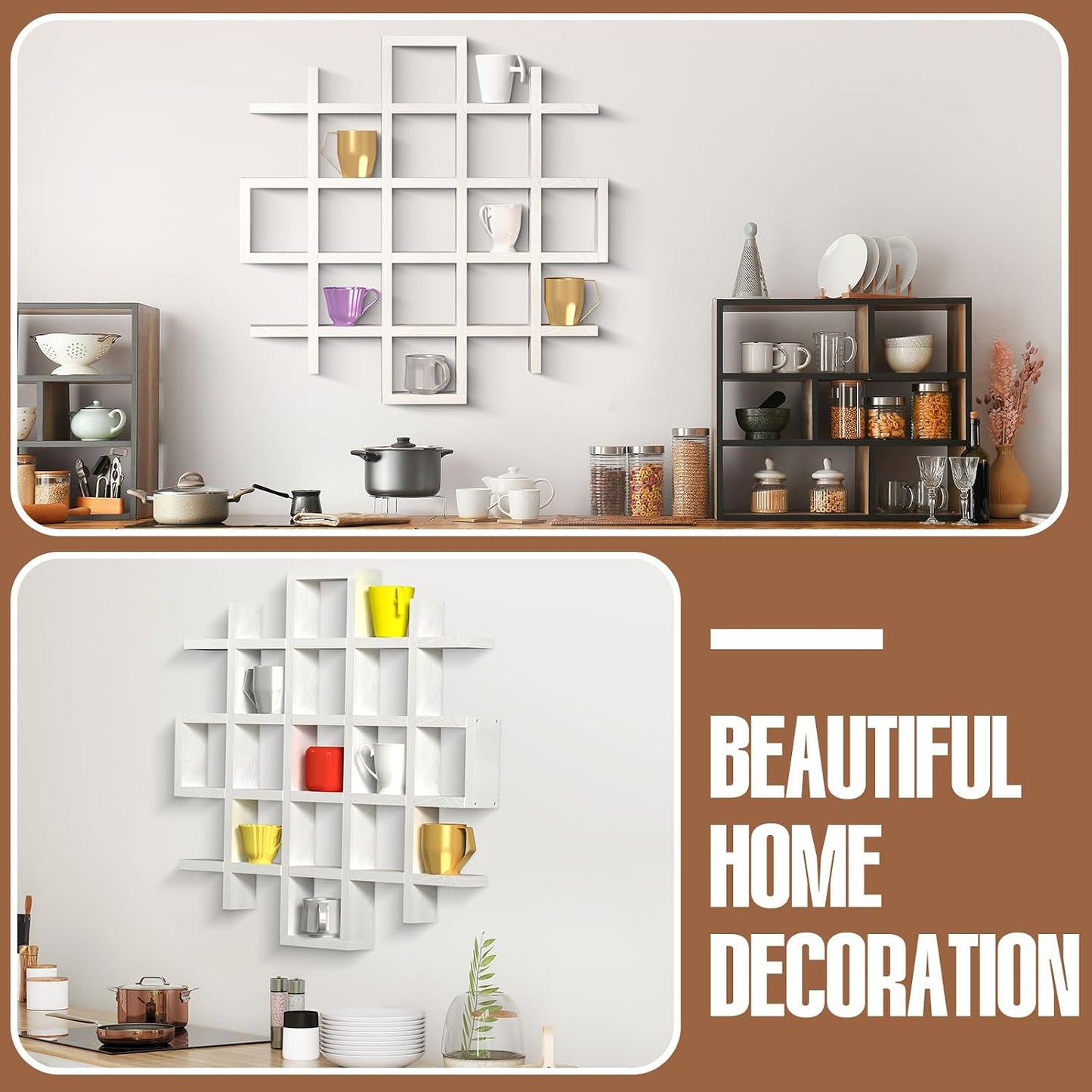 Suzile Mug Display Shelf Wall Mounted,Grid Size 5.1x5.1x3in,White | Rustic Wood Floating Shadow Box for Coffee Mugs