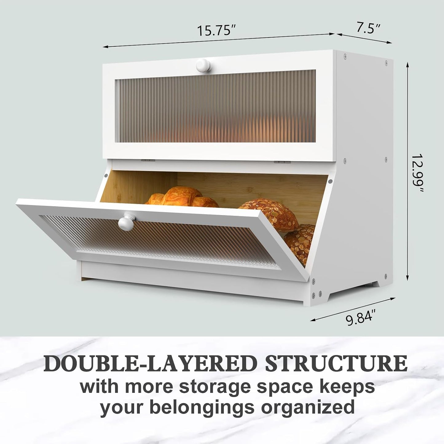 LOHASOK Bread Box for Kitchen Countertop,White | 2-layer, Bamboo, Large, Farmhouse Bread Container Holder Storage
